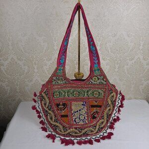 Handmade Colorful Patchwork Tote Bag with Tassel/Sequin Detail Embroidered NWOT